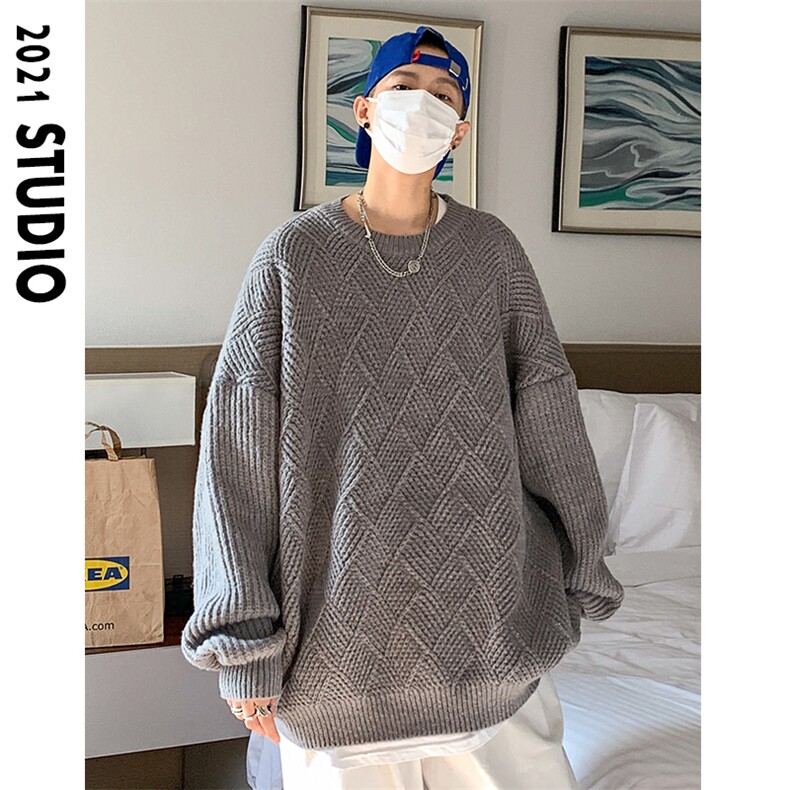 克莱因蓝针织衫男圆领套头韩版宽松菱形格毛衣35109P68控88,男装针织衫/毛衣,星座517A-1