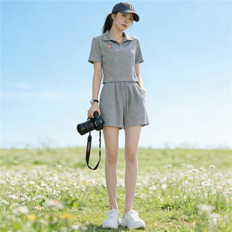 女夏季新款运动休闲套装高级感时尚百搭翻领上衣阔腿短裤两件套潮,女装套装/套裙,江南