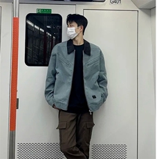 得物二开拼接翻领工装外套初秋水洗做旧夹克小众上衣JK1258-P70，男装夹克，星座1103-3