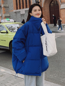 蓝色羽绒服女中长款立领时尚洋气小个子白鸭绒冬装外套图片
