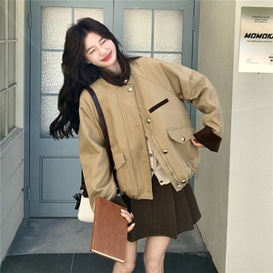 2025秋冬款高级感复古拉链拼接翻领夹棉外套卡其色减龄派克服女图片