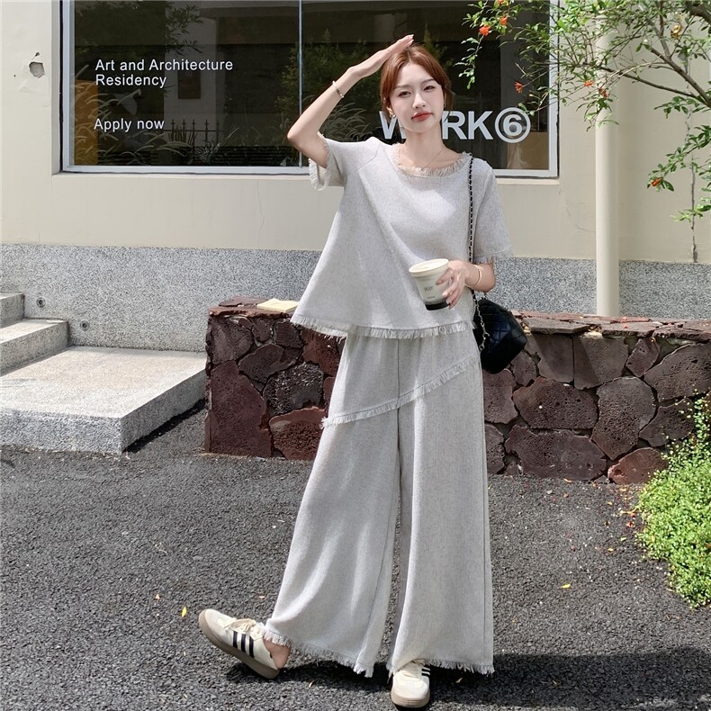 灰色设计感休闲套装女2025夏季新款法式气质流苏上衣阔腿裤两件套图片