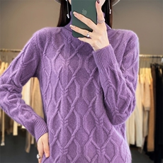 重磅加厚圆领绞花100%纯羊毛衫女秋冬新款长袖宽松羊绒衫针织打底，女装羊毛衫，邓利维