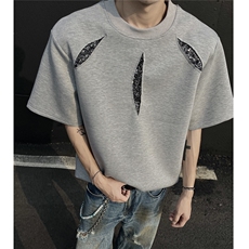 300克重磅垫肩夏季圆领短袖挖眼贴布设计美式T恤911P40，男装T恤，电商A458A