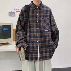 衬衫男2025春季新款港风大码宽松长袖磨毛格子衬衣CS37-P38，男装衬衫，星座214-3