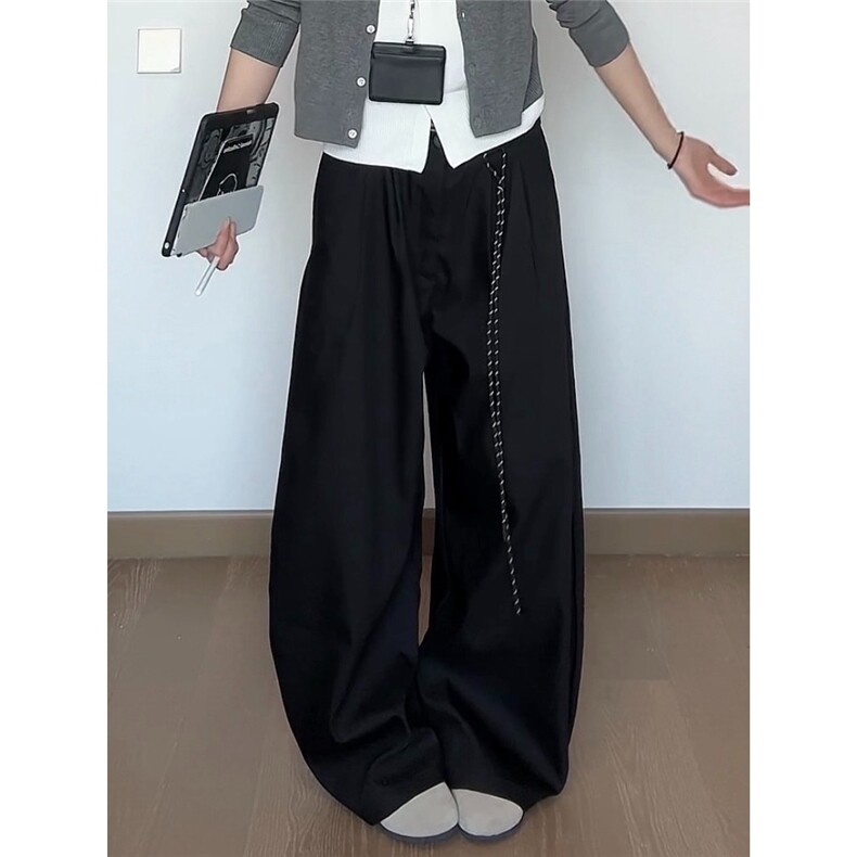 春夏美式复古通勤垂感黑色弯刀西裤男女直筒宽松潮牌阔腿休闲长裤,男装西裤,星座506A