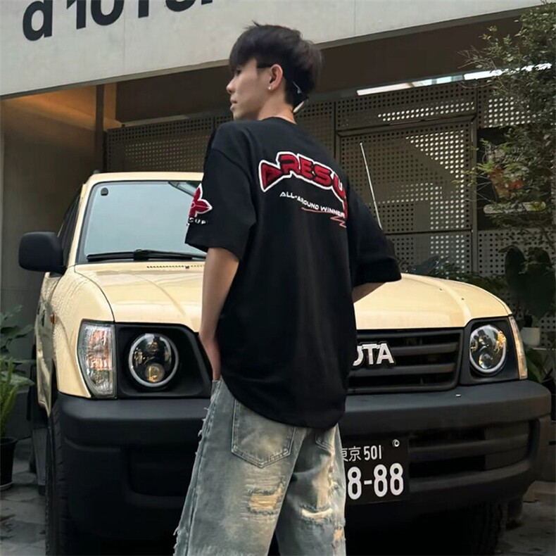 万针全刺绣工艺抖音得物高品质260克重磅纯棉双纱美式高街短袖T恤,男装T恤,电商A486-1