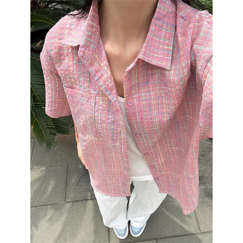 G156LL-特P35 粉色泡泡纱衬衫男设计感高级感短袖衬衣图片