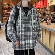 假两件外套男冬季加绒加厚格子夹克男连帽秋冬款上衣服毛呢W64，男装夹克，星座1116A-1（原606A）