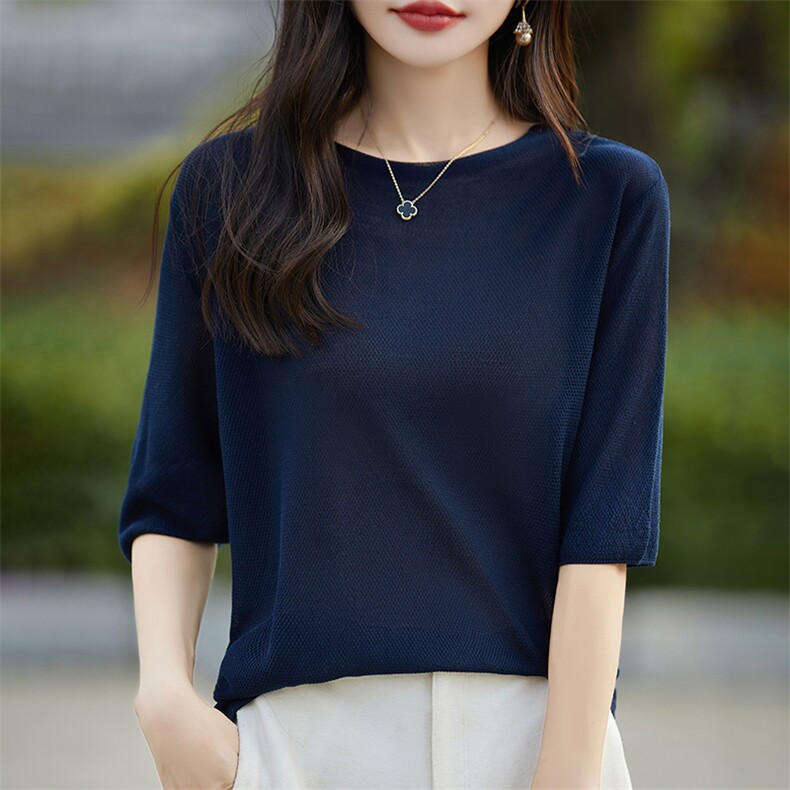 简约一字领轻薄五分袖针织短袖T恤女夏纯色宽松休闲百搭小衫上衣,针织衫/毛衣,暖烁羊绒