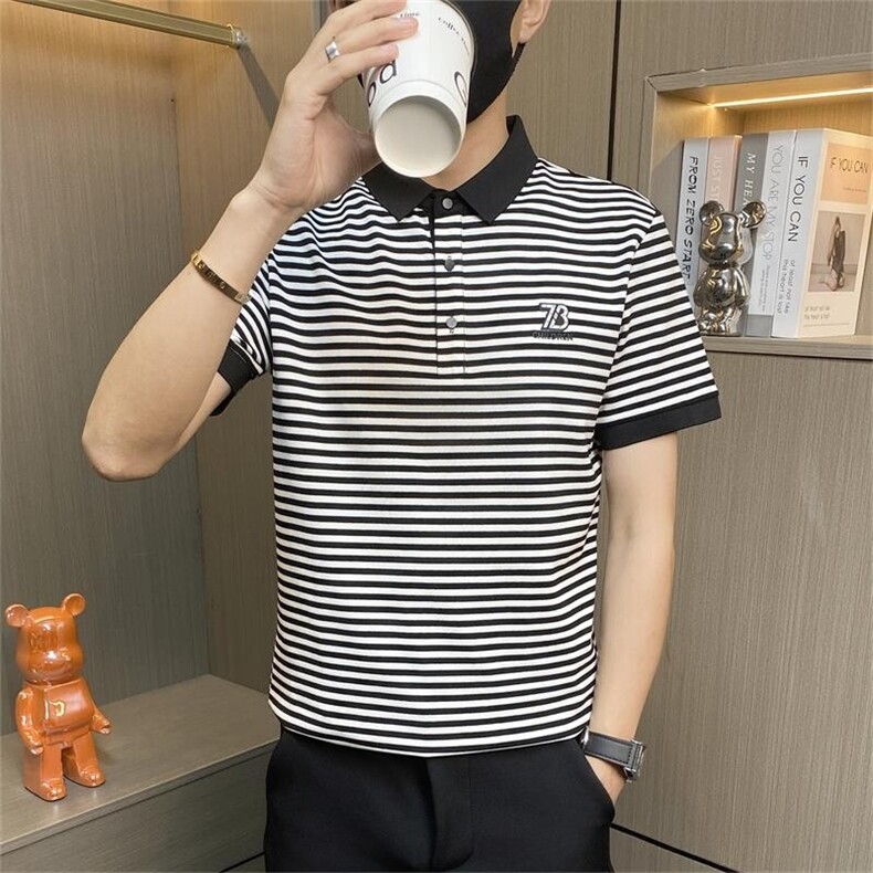 PL044-特P40社会小伙男士polo衫2025夏季商务衬衫领短袖t恤条纹，男装Polo衫，电商D310B