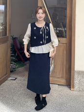 温柔系穿搭假两件小衫套装女秋季2025新款高级感显瘦半身裙两件套，女装套装/套裙，浙宝192（原082）