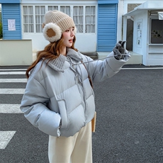 浅蓝色针织娃娃领羽绒服女2025冬季新款韩系温柔风减龄白鸭绒外套，女装羽绒服，2D034