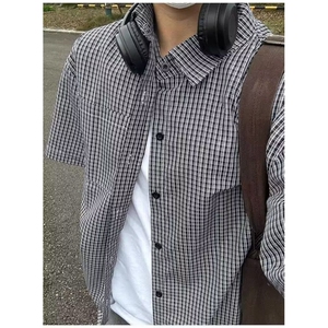 【现货】DC75-特批28潮流美式蓝色格子短袖衬衫男生套装原宿新款,冬季白色背心穿搭图片