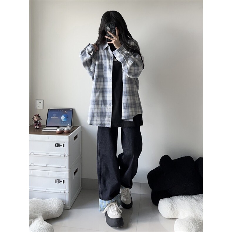 【有货】美式格子拼接卷边牛仔裤男女阔腿裤子NZ011CC-特P48,男装牛仔裤,星座1007（原301D）
