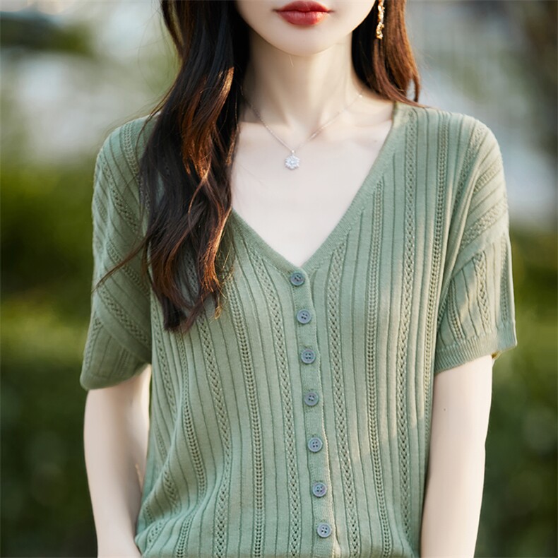 夏季新款女士简约时尚舒适天丝镂空开衫短袖,女装T恤,斯美雅电商供货