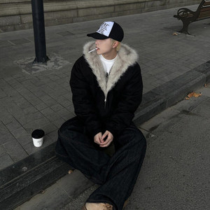 美式座山雕毛领连帽棉衣男冬季加绒加厚保暖棉袄短款潮牌棉服夹克图片