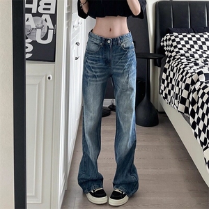 美式vibe水洗闪电裂纹牛仔裤女高腰显瘦微喇拖地裤子LT08144-P45图片