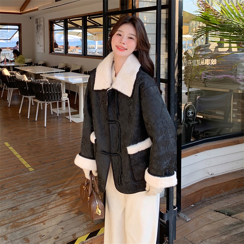新中式爆款盘扣提花毛毛短外套女2024冬季新款减龄气质加厚棉衣潮,女装派克服,2C305