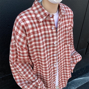 港风秋季小清新外穿长袖衬衫男 百搭休闲格子衬衣上衣CS135/P40图片