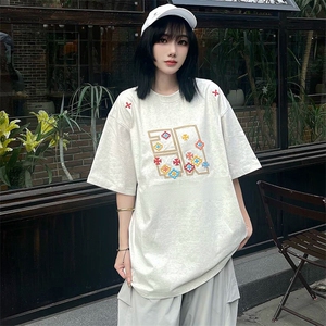 万针全刺绣工艺 高品质260克双纱纯棉美式高街短袖T恤 特P33图片