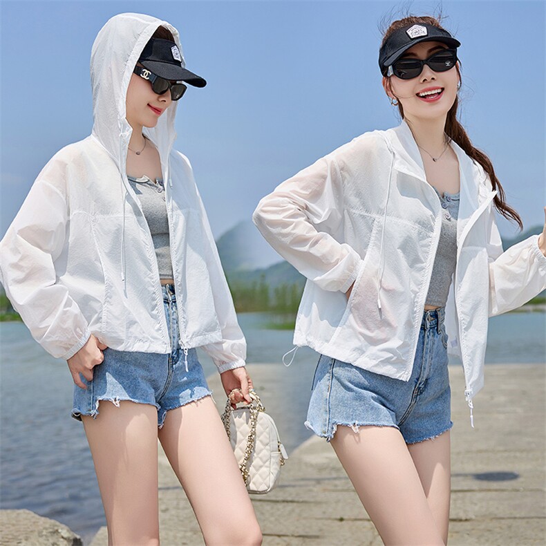 防晒衣女短款薄外套2025夏季新款防紫外线透气户外百搭连帽防晒服，女装防晒衣，以桐