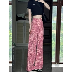 D6183-P58美式粉红色豹纹嘻哈男女新款宽松阔腿裤工装裤-网图现货，男装牛仔裤，星座603-2