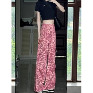 D6183-P58美式粉红色豹纹嘻哈男女新款宽松阔腿裤工装裤-网图现货图片