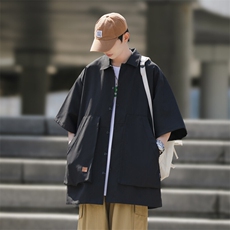 2025夏装日系复古大口袋短袖衬衫男宽松纯色大码衬衣C500P40，男装衬衫，电商C323