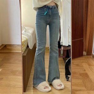 1506-1/K9571/P39女士蓝色毛边微喇牛仔裤图片