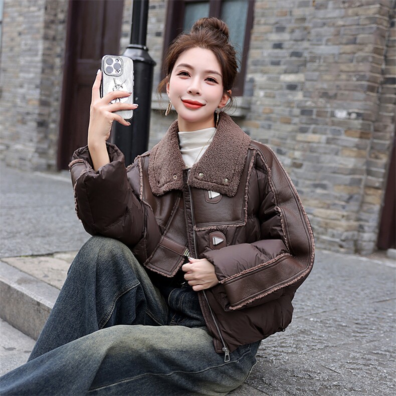欧货羽绒服女短款2025冬季新韩系小个子仿羊羔毛绒领拼接白鸭绒外套,女装羽绒服,意芙