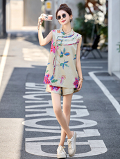 新中式盘扣印花旗袍套装女2025夏新款国风时髦无袖背心短裤两件套，女装套装/套裙，橙子家