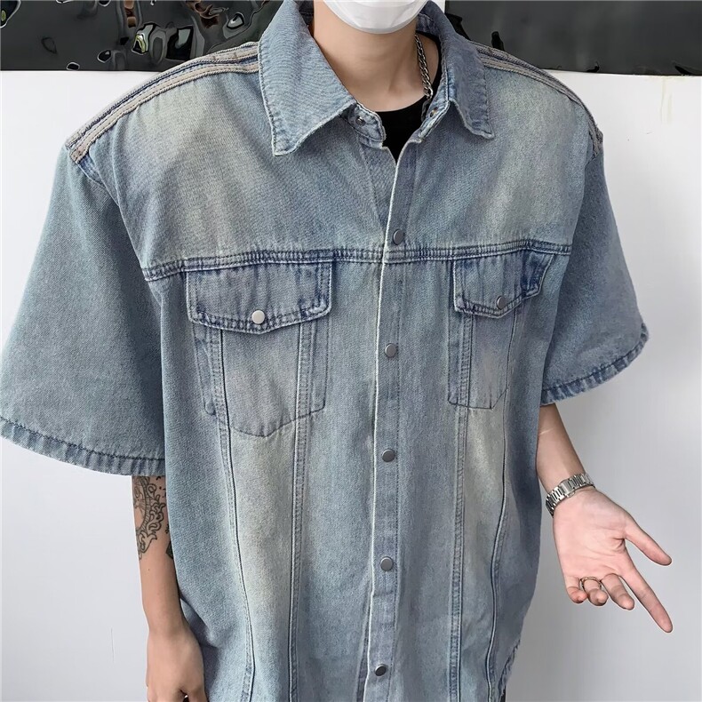 水洗复古垫肩牛仔衬衫男夏季宽松短袖潮男痞帅宽松衬衣M9899-p59，男装衬衫，星座1008
