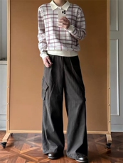 现货~老钱风红白格纹复古针织衫polo领cleanfit长袖MY2591批68，男装Polo衫，星座1411A-6