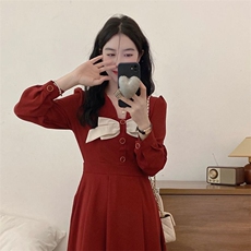 灯芯绒大码女装蝴蝶结V领连衣裙子春秋装新款复古气质显瘦中长裙，女装连衣裙，星座506A