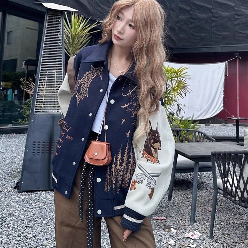 潮牌复古美式棒球服外套男女春秋拼接刺绣字母高街百搭情侣夹克,男装夹克,星座1210-1