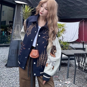 潮牌复古美式棒球服外套男女春秋拼接刺绣字母高街百搭情侣夹克图片