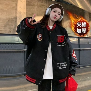 美式刺绣棒球服外套女ins潮秋冬季夹棉加厚宽松情侣拼接夹克JKA02图片