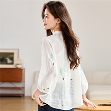 2026春秋季苎麻时尚简约大方气质优雅刺绣休闲透气衬衫，女装衬衫，独衣靓