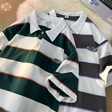 !条纹翻领宽松纯棉polo衫短袖男T恤XP221-P40控68，男装Polo衫，电商B370