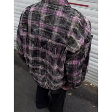 网图现货美式高街做旧紫格子长袖衬衫扎染衬衣外套男女C18-P50，男装衬衫，星座1505