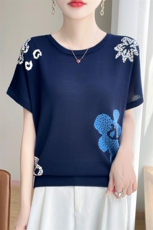 夏季新款简约莱赛尔天丝花朵蓝色短袖女宽松百搭显瘦时尚休闲上衣，女装T恤，暖娇绒包芯纱店