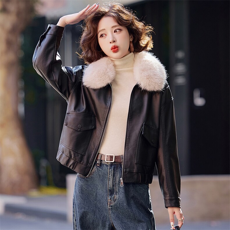 海宁皮衣女真皮2025秋冬新款短款绵羊皮皮夹克加绒加厚小个子外套,女装皮衣,简古