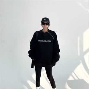 美式oversize卫衣男款秋季斜肩拉链设计圆领上衣高级感痞帅长袖图片