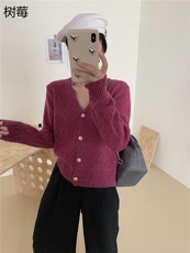 时尚百搭女士秋冬保暖加厚彩色纱外套开衫V领羊毛衫，女装羊毛衫，牧思羊
