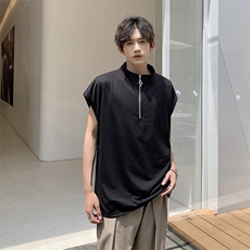 现货夏季薄款宽松宽肩无袖立领运动坎肩背心纯色拉链t恤BX08-P35，男装T恤，星座205-5