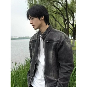 水洗黑机车风夹克男无领多拉链设计宽松痞帅牛仔外套上衣 JK8947图片