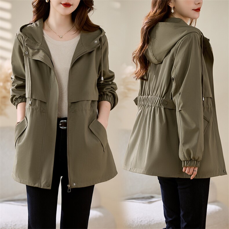 高级感休闲百搭短款风衣女2025春秋新款抽绳收腰显瘦工装连帽外套,女装风衣,慕咨