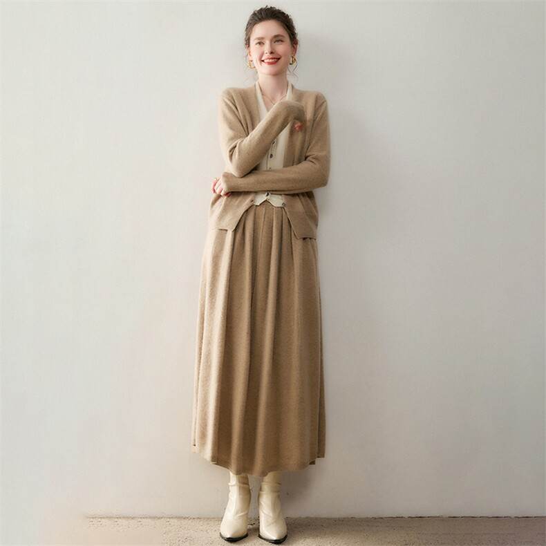 气质显瘦山羊绒开衫半身裙女假两件套装气质外套2025秋冬新羊毛衫，女装套装/套裙，溪贝羊绒