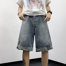 夏季新款倒装口袋牛仔裤男美式小众宽松直筒五分裤现货K7905-P42，男装牛仔裤，星座512-3